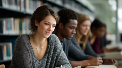 Focused students studying together in a cozy library