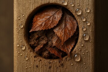 Macro detail of a bee's nest sealed with leaves and mud, covered in morning dew