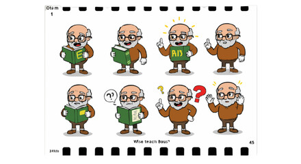 Cartoon illustration featuring a professor with glasses in various poses and expressions with books and questions