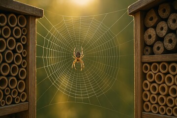 Intricate spider web spun between two insect hotels, backlit by the morning sun