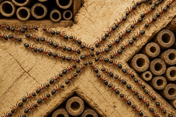 Macro photograph of ants forming a precise geometric pattern on a wooden insect hotel