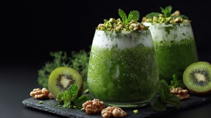 Two refreshing green smoothies topped with nuts and mint leaves