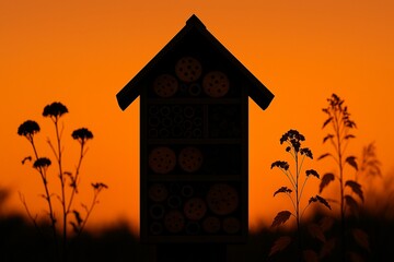 Silhouette of an insect hotel and wildflowers against a vibrant orange sunset sky