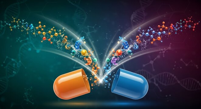Vivid representation of colorful capsules bursting and releasing molecular elements in a scientific context
