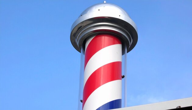 A close-up view of a classic barbershop swirl cylinder sign featuring vibrant red, white, and blue stripes, illuminated and spinning, capturing the iconic vintage barber pole in rich detail