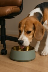 Beagle leaning down to drink water from a modern bowl in a home office setting