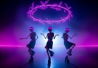 Three skeletons in black platform boots dancing under a neon bat ring bats purple