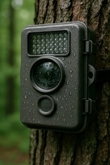 Close-up of a trail camera with water droplets, strapped to a tree in a lush green forest