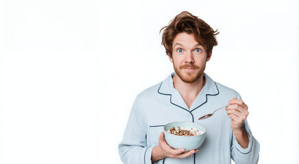 Young man in blue pyjamas eating breakfast cereal, holding bowl and spoon, white studio background