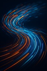 Curving blue and orange light streaks on a dark background, visualizing data and motion