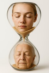 Conceptual hourglass showing young woman ageing into elderly woman