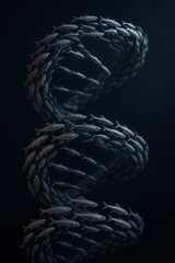 Surreal concept of a DNA spiral formed by a swirling school of fish against a dark background