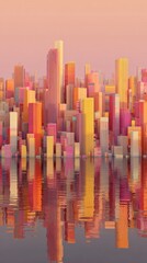 Obraz premium Abstract Pastel Cityscape: 3D Rendered Geometric Buildings in Pink, Orange and Yellow