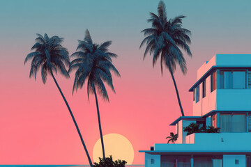 Retro 80s vibe colored, minimalist beach city, miami, vice city, landscape with palms