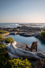 Driftwood log and wooden deck chair beside natural rock pool facing Atlantic waves, Western Cape coast