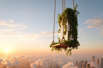 A swing draped in vines hangs from a height, overlooking a sprawling city as the sun sets behind clouds.