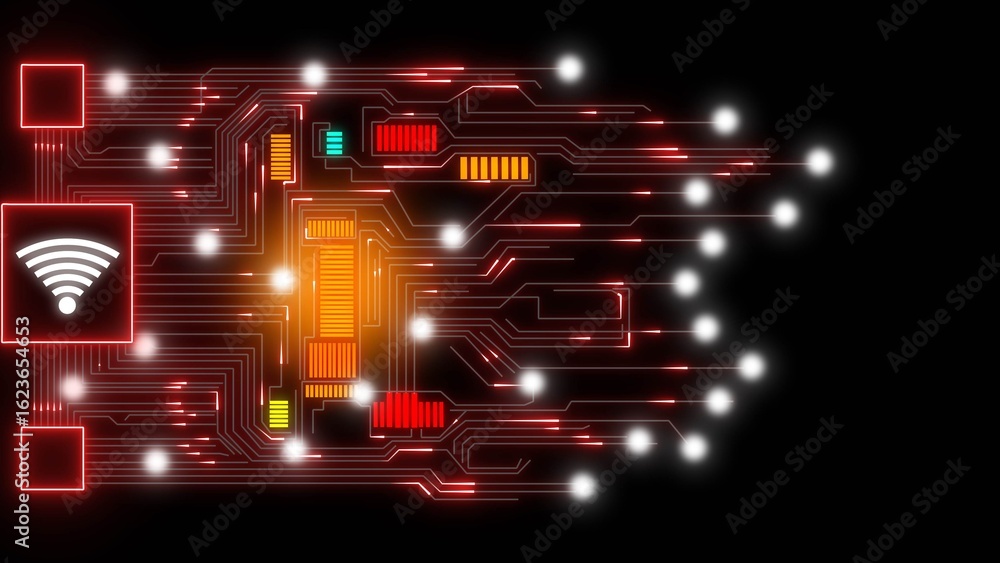 Poster abstract red orange circuit board technology background wifi signal neon lights glowing lines digita