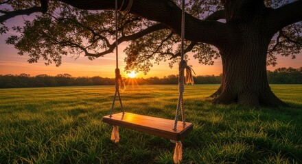 Rustic wooden swing at sunset under a large oak tree