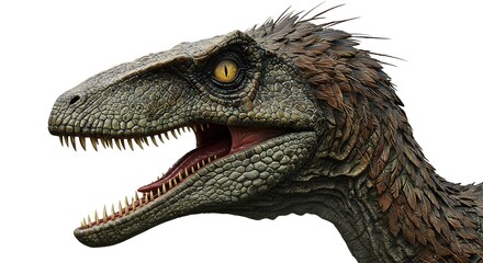 Close up of a feathered velociraptor with its mouth open on a white background in a side profile view