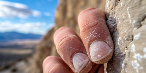 Climber grasps rocky outcrop under a vast sky at sunset, showcasing determination and skill Generative AI