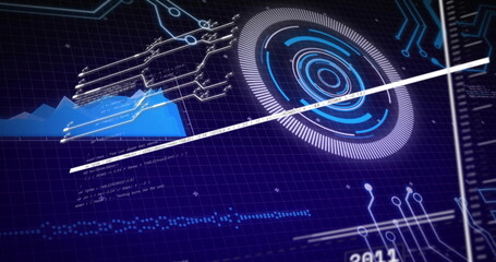 Projecting holographic circular interface rotating over grid in futuristic control HUD, copy space