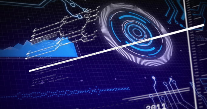 Projecting holographic circular interface rotating over grid in futuristic control HUD, copy space