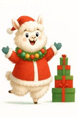Cartoon llama in Santa coat and hat with gift boxes – perfect for Christmas promotions, new year postcard and invitation 