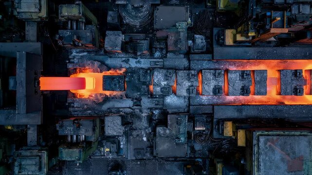 Automated industrial machine is processing hot steel billet in a steel mill, showing the manufacturing process of heavy industry in a metallurgy factory