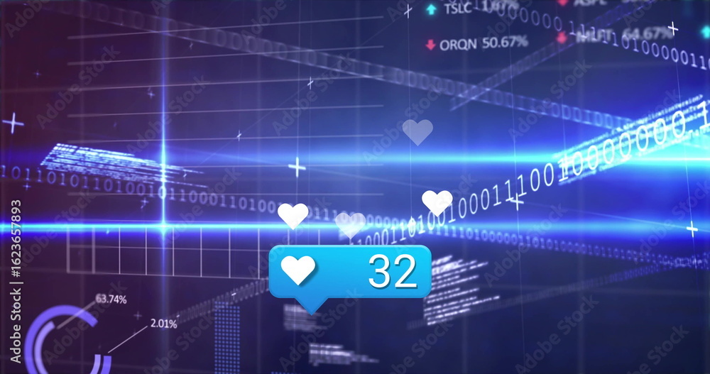 Poster floating hearts and binary code passing blue speech-bubble counter showing 32 likes in interface