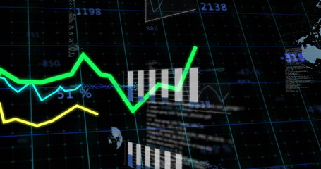 Displaying dashboard showing colorful line graphs with white bars on dark grid, with globe icons