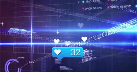 Floating hearts and binary code passing blue speech-bubble counter showing 32 likes in interface