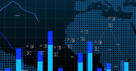 Displaying dashboard on dark interface showing world map, with blue bar charts and white line graph