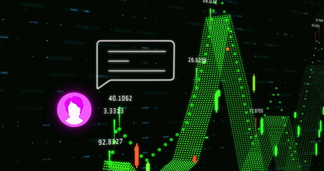 Displaying trading UI with green dotted chart, candlesticks, numeric data, magenta icon with bubble