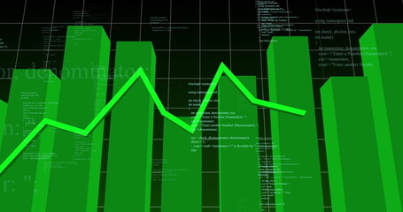 Displaying green bar and neon green line chart graphic on dark grid background, with floating code
