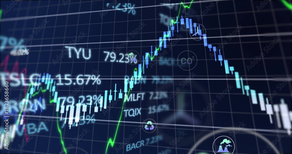 Poster displaying chart showing candlestick bars and green line on trading app with tickers and eco icons