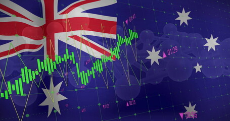 Fototapeta premium Displaying Australian flag over green candlestick chart at trading screen, pink timestamp markers