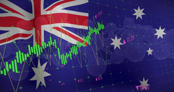 Naklejki Displaying Australian flag over green candlestick chart at trading screen, pink timestamp markers
