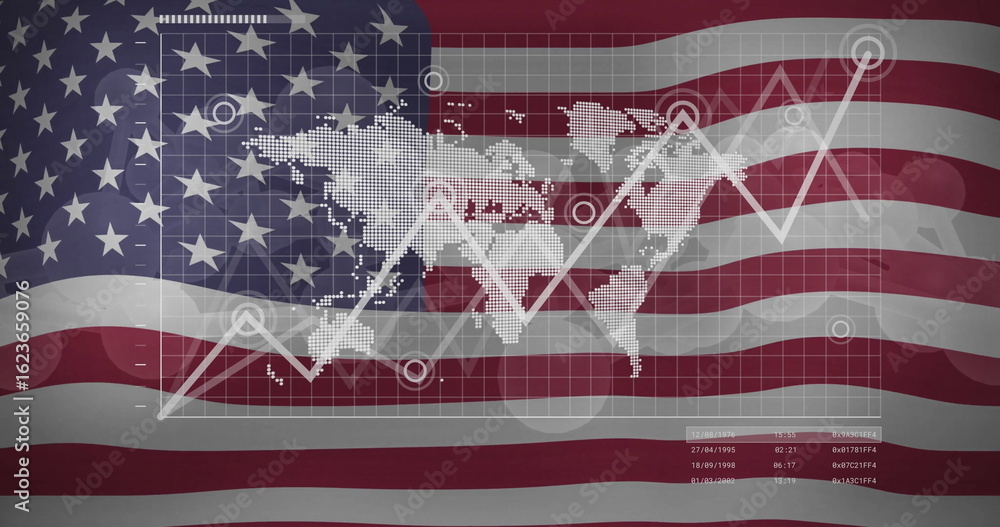 Poster dotted world map overlay tracing trends on us flag backdrop, with grid, data nodes, data panel