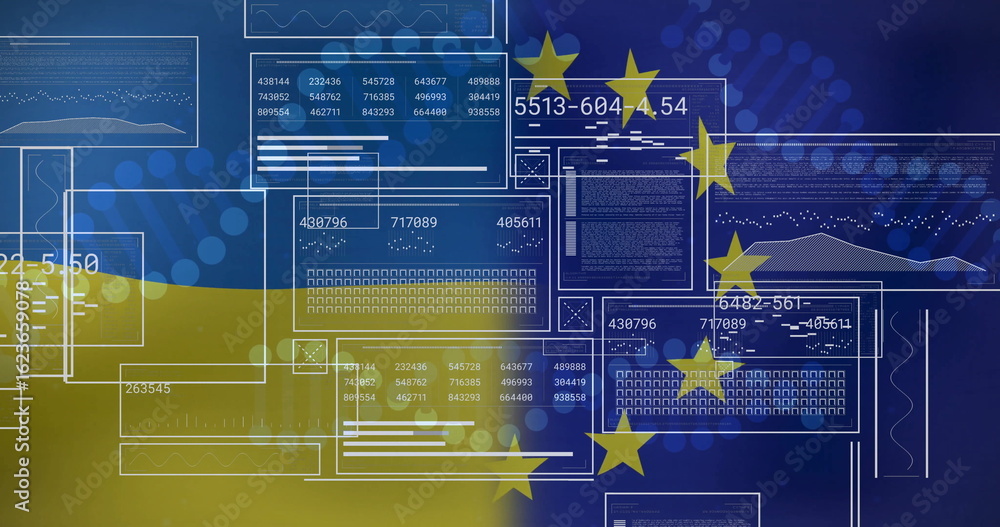 Poster overlaying interface windows showing numeric data over ukrainian and eu flag backdrop, with bokeh