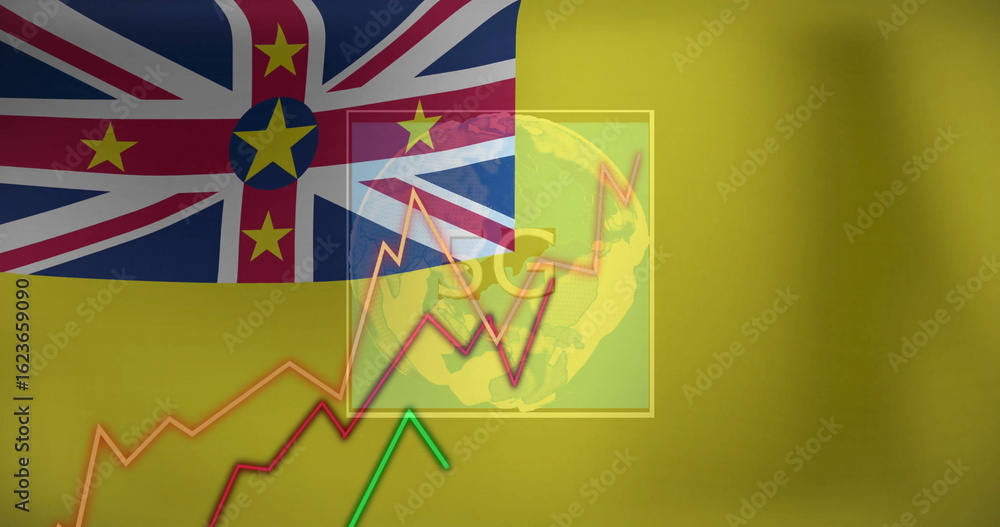 Poster displaying niue flag motif overlaying infographic slide, with globe map and rising line graphs