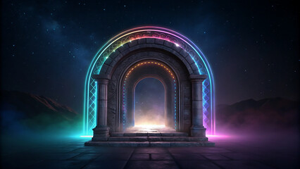 Mysterious glowing portal archway to another world, fantasy landscape setting