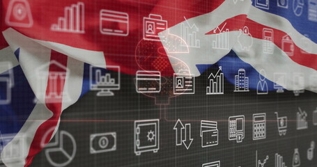 Displaying Union Jack flag across finance dashboard, showing credit card, piggy bank, monitor icons