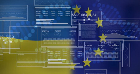 Fototapeta premium Overlaying interface windows showing numeric data over Ukrainian and EU flag backdrop, with bokeh