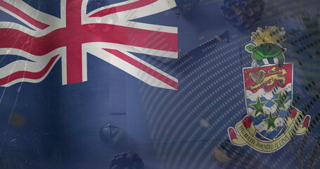 Displaying Cayman Islands flag waving over backdrop, with blue ensign, Union Jack and coat of arms