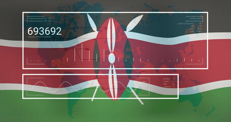 Fototapeta premium Displaying central Maasai shield and crossed spears in digital infographic, with HUD panels