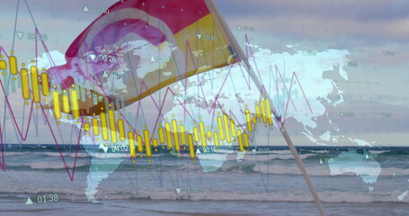 Featuring tilted pole flag fluttering on beach, waves, world map with financial overlay, copy space