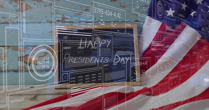 Naklejki Showing chalkboard reading Happy Presidents Day by turquoise wall, with American flag, HUD overlay