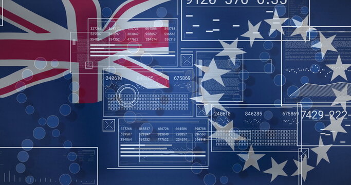 Naklejki Displaying digital montage merging Union Jack and EU stars on dark blue UI, showing UI panels