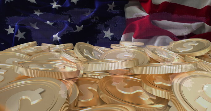 Naklejki Shiny golden coins embossed with dollar symbols stacking in illustration, with US flag backdrop