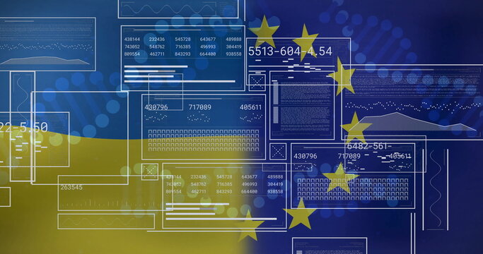 Naklejki Overlaying interface windows showing numeric data over Ukrainian and EU flag backdrop, with bokeh